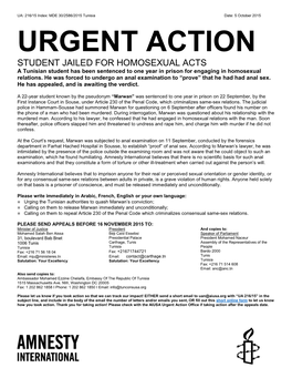 URGENT ACTION STUDENT JAILED for HOMOSEXUAL ACTS a Tunisian Student Has Been Sentenced to One Year in Prison for Engaging in Homosexual Relations