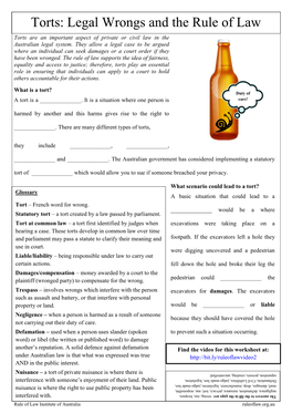 Torts: Legal Wrongs and the Rule of Law Torts Are an Important Aspect of Private Or Civil Law in the Australian Legal System