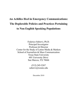 Achilles Heel in Emergency Communications: the Deplorable Policies and Practices Pertaining to Non English Speaking Populations