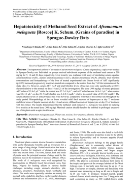 Hepatotoxicity of Methanol Seed Extract of Aframomum Melegueta [Roscoe] K