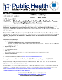 HEADLINE: Effective Immediately Public Health and Enrolled Vaccine Providers Now Scheduling Eligible Frontline Workers