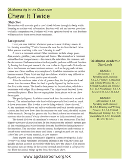 Chew It Twice Objective the Student Will Trace the Path a Cow’S Food Follows Through Its Body While Listening to Teacher-Read Information