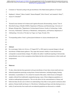 Comment on “Seasonal Cycling in the Gut Microbiome of the Hadza Hunter-Gatherers of Tanzania” 2 3 Stephanie L