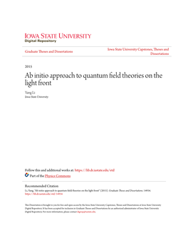 Ab Initio Approach to Quantum Field Theories on the Light Front Yang Li Iowa State University