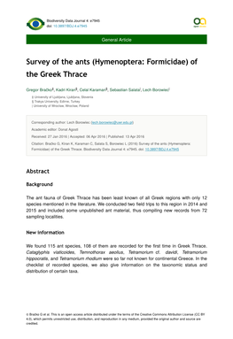 (Hymenoptera: Formicidae) of the Greek Thrace