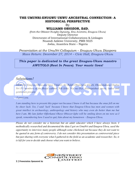 THE UMUNRI-ENUGWU UKWU ANCESTRAL CONNECTION: a HISTORICAL PERSPECTIVE by WILLIAMS OBIOZOR, Edd