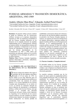 Fuerzas Armadas Y Transición Democrática. Argentina, 1983-1989