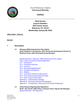 City of Manassas, Virginia City Council Meeting AGENDA Work Session Council Chambers 9027 Center Street Manassas, VA 20110 Wedn