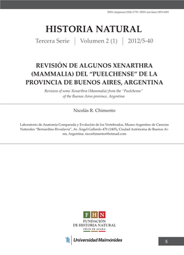 PUELCHENSE” DE LA PROVINCIA DE BUENOS AIRES, ARGENTINA Revision of Some Xenarthra (Mammalia) from the “Puelchense” of the Buenos Aires Province, Argentina