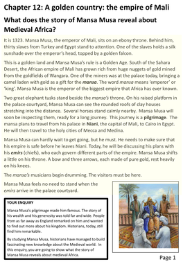 The Empire of Mali What Does the Story of Mansa Musa Reveal About Medieval Africa? It Is 1323