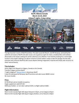 Banff, Alberta Canada March 16-23, 2019 8 Days/7 Nights, 5 Days Skiing