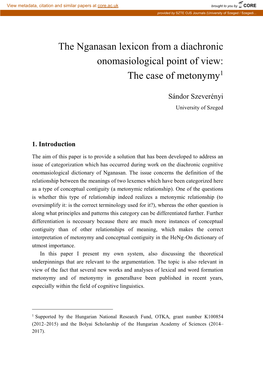 The Nganasan Lexicon from a Diachronic Onomasiological Point of View: the Case of Metonymy1