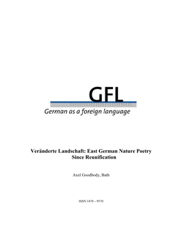 Veränderte Landschaft: East German Nature Poetry Since Reunification