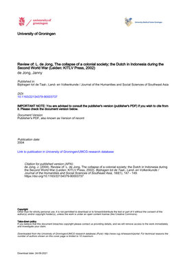 University of Groningen Review Of: L. De Jong, the Collapse of a Colonial Society; the Dutch in Indonesia During the Second Worl