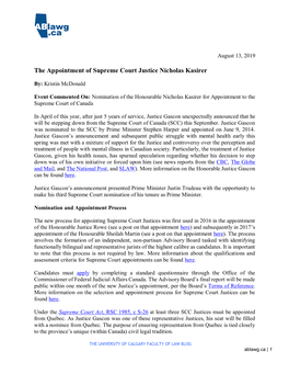 The Appointment of Supreme Court Justice Nicholas Kasirer