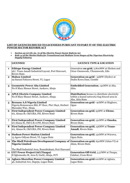 List of Licences Issued to Licensees Pursuant to Part Iv of the Electric Power Sector Reform Act