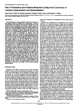 Role of Metabolism and Oxidation-Reduction Cycling in the Cytotoxicity of Antitumor Quinoneimines and Quinonediimines1