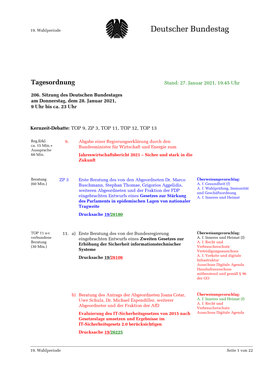 Amtliche Tagesordnung Der 206. Sitzung Des 19. Deutschen