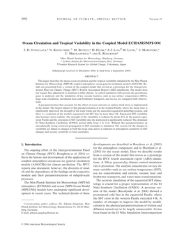 Ocean Circulation and Tropical Variability in the Coupled Model ECHAM5/MPI-OM Ϩ Ϩ J