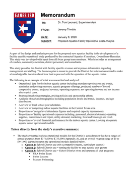 Proposed Aquatics Center Operational Costs Analysis