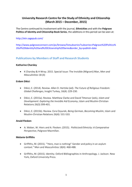 University Research Centre for the Study of Ethnicity and Citizenship (March 2015 – December, 2015)