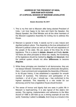 Address by the President of India, Shri Ram Nath Kovind at a Special Session of Mizoram Legislative Assembly