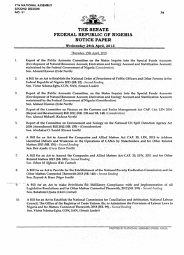 THE SENATE FEDERAL REPUBLIC of NIGERIA NOTICE PAPER ' Wednesday 24Th April, 2013