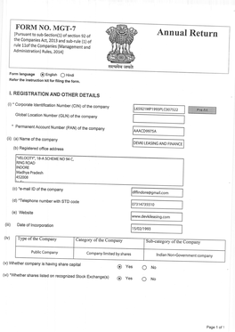 Annual Return the Companies Act, 2013 and Sub-Rule (1) of Rule 11Of the Companies (Managemeni and Administration) Rutes, 20141