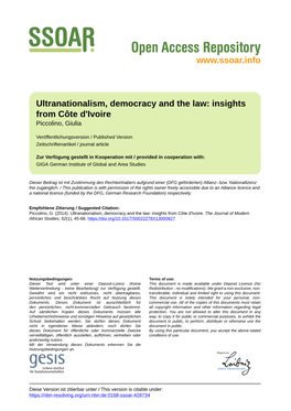 Ultranationalism, Democracy and the Law: Insights from Côte D'ivoire Piccolino, Giulia