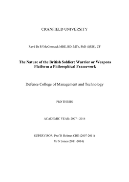 CRANFIELD UNIVERSITY the Nature of the British Soldier: Warrior Or