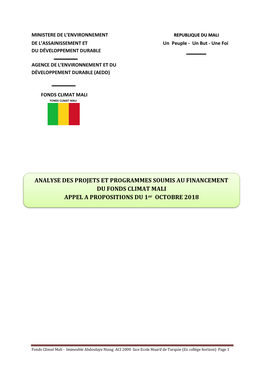 Analyse Des Projets Et Programmes Soumis Au Financement Du Fonds Climat Mali