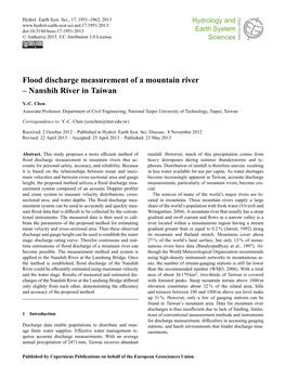 Flood Discharge Measurement of a Mountain River Open Access Open Access – Nanshih River in Taiwan Solid Earth Solid Earth Discussions Y.-C