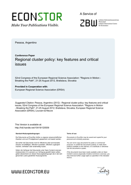 Regional Cluster Policy: Key Features and Critical Issues