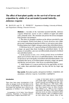 The Effect of Host-Plant Quality on the Survival of Larvae and Oviposition by Adults of an Ant-Tended Lycaenid Butterfly, Jalmenus Evagoras