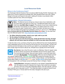 Local Resources Guide Where Is the Conference Hotel? the Washington Marriott Wardman Park Is Located at 2660 Woodley Rd NW, Washington, DC