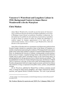 Vancouver's Waterfront and Longshore Labour in 1918: Background Context to James Shaver Woodsworth's on the Waterfront Chris