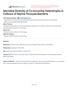 Microbial Diversity of Co-Occurring Heterotrophs in Cultures of Marine Picocyanobacteria