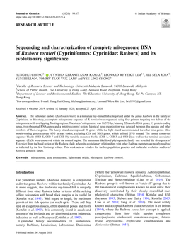 Sequencing and Characterization of Complete Mitogenome DNA of Rasbora Tornieri (Cypriniformes: Cyprinidae: Rasbora) and Its Evolutionary Signiﬁcance