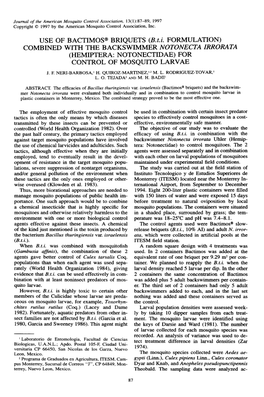 COMBINED with the BACKSWIMMER NOTONECTA IRRORATA Ffiemiptera: NOTONECTIDAE) for CONTROL of MOSQUITO LARVAE