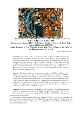 As Relações Sociais Do Prior D. Vasco De Ataíde: O Priorado Do Crato Da Ordem Do Hospital De 1453 a 1491 Relaciones Sociales Del Prior D