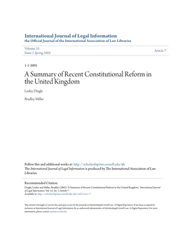 A Summary of Recent Constitutional Reform in the United Kingdom Lesley Dingle