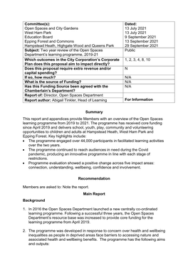 Committee(S): Open Spaces and City Gardens West Ham Park Education