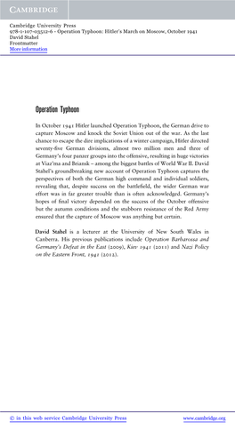 Operation Typhoon: Hitler’S March on Moscow, October 1941 David Stahel Frontmatter More Information