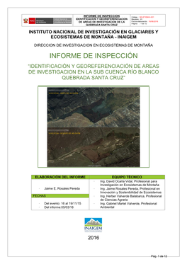 Informe De Inspección “Identificación Y Georeferenciación De Areas De Investigacion En La Sub Cuenca Río Blanco Quebrada Santa Cruz”