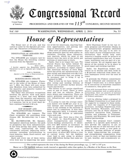 Congressional Record United States Th of America PROCEEDINGS and DEBATES of the 113 CONGRESS, SECOND SESSION