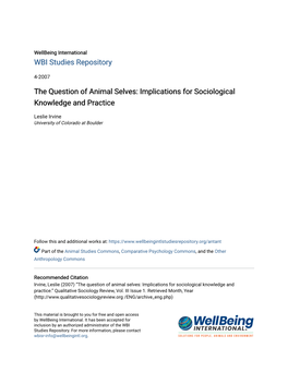 The Question of Animal Selves: Implications for Sociological Knowledge and Practice