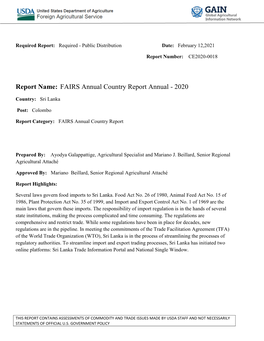 Report Name: FAIRS Annual Country Report Annual - 2020