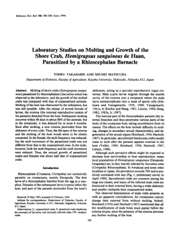 Laboratory Studies on Molting and Growth of the Shore Crab, Hemigrapsus Sanguineus De Haan, Parasitized by a Rhizocephalan Barna