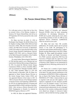 Dr. Naeem Ahmad Khan, FPAS