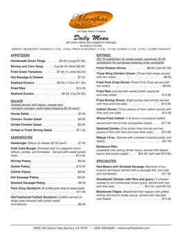 Daily Menu (All Menu Items Are Subject to Change) BUSINESS HOURS: MONDAY, WEDNESDAY, THURSDAY (11 A.M